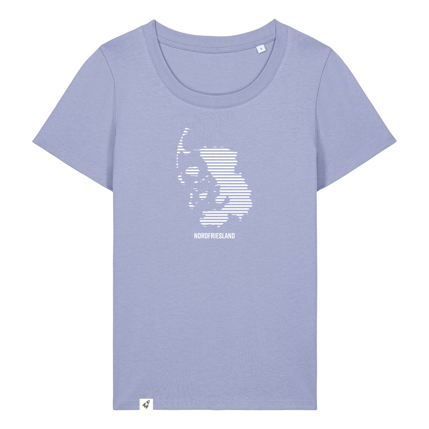Violettes Damen T-Shirt mit dem Nordfriesland Umriss in weißen Streifen.
