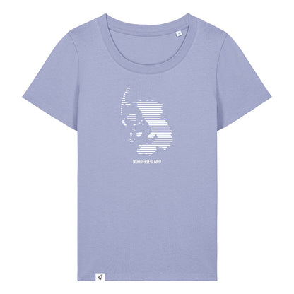 Violettes Damen T-Shirt mit dem Nordfriesland Umriss in weißen Streifen.