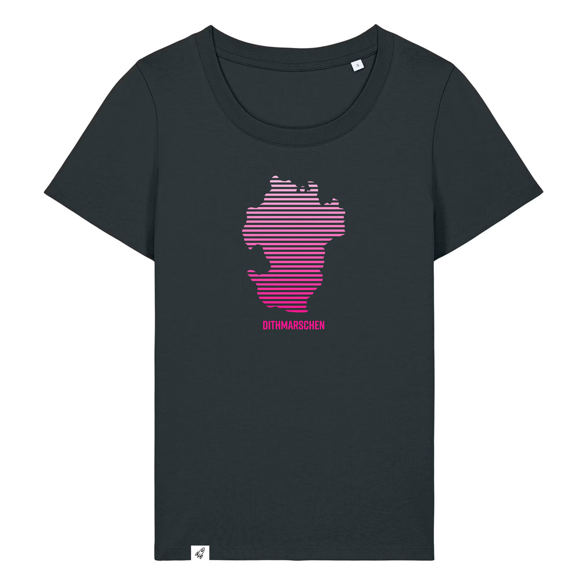 Schwarzes Damen T-Shirt mit Rundhals-Ausschnitt. Auf der Brust ist in pinken Streifen der Umriss von Dithmarschen. Unter dem Umriss steht Dithmarschen.