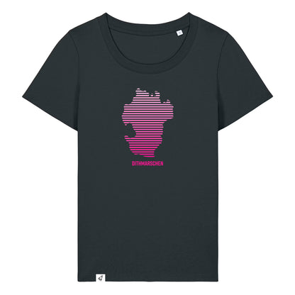 Schwarzes Damen T-Shirt mit Rundhals-Ausschnitt. Auf der Brust ist in pinken Streifen der Umriss von Dithmarschen. Unter dem Umriss steht Dithmarschen.