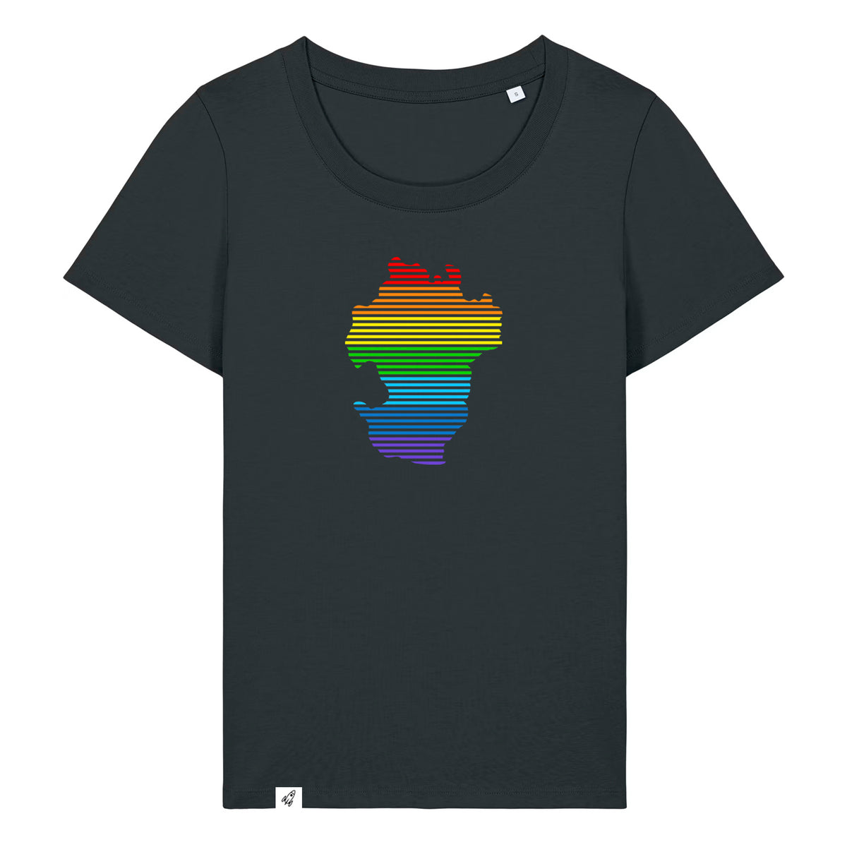 Schwarzes Damen T-Shirt mit dem Umriss von Dithmarschen auf der Brust mit Streifen  in den Regenbogenfarben.
