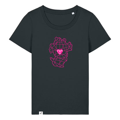 Schwarzes Damen T-Shirt aus der Geev Acht op di Kollektion mit Dithmarschen Motiv.
