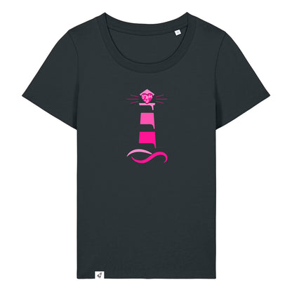 Schwarzes Damen T-Shirt aus der Geev Acht op di Kollektion mit Leuchtturm Motiv.