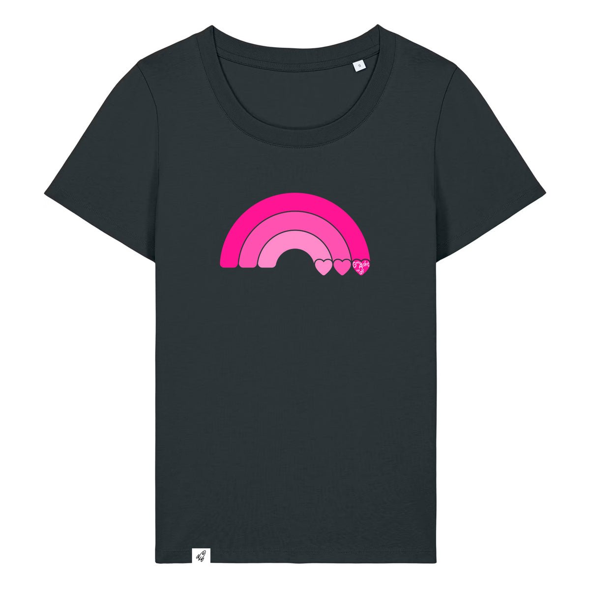 Schwarzes Damen T-Shirt aus der Geev Acht op di Kollektion mit Regenbogen Motiv.