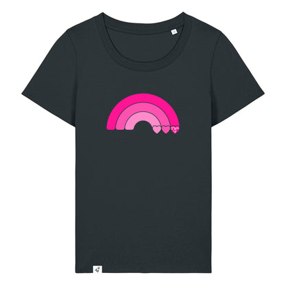 Schwarzes Damen T-Shirt aus der Geev Acht op di Kollektion mit Regenbogen Motiv.