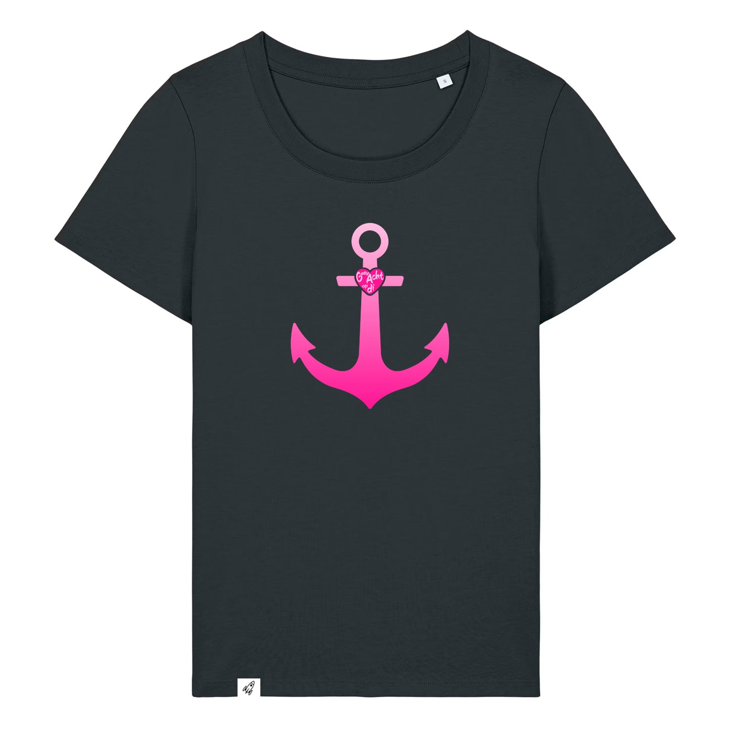 Schwarzes Damen T-Shirt aus der Pinktober Kollektion mit Anker Motiv.