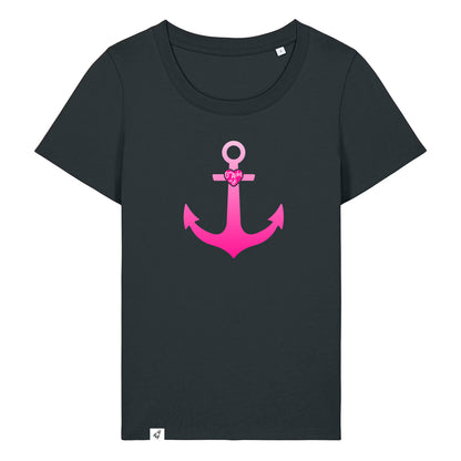 Schwarzes Damen T-Shirt aus der Pinktober Kollektion mit Anker Motiv.