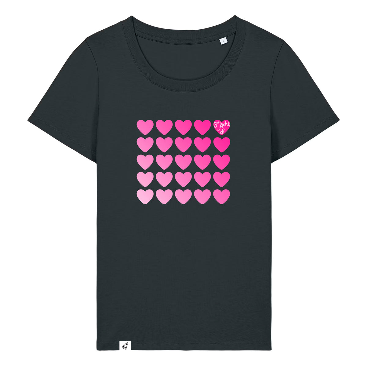 Schwarzes Damen T-Shirt aus der Pinktober Kollektion mit Herz Motiv.
