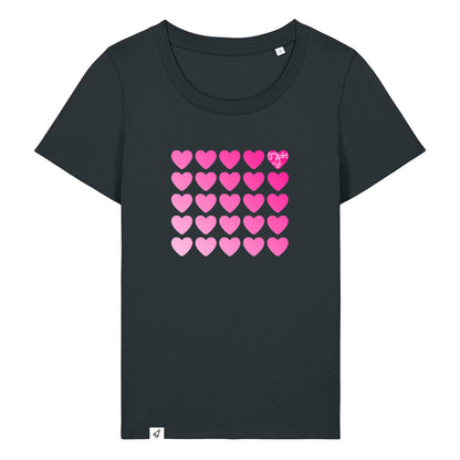 Schwarzes Damen T-Shirt aus der Pinktober Kollektion mit Herz Motiv.
