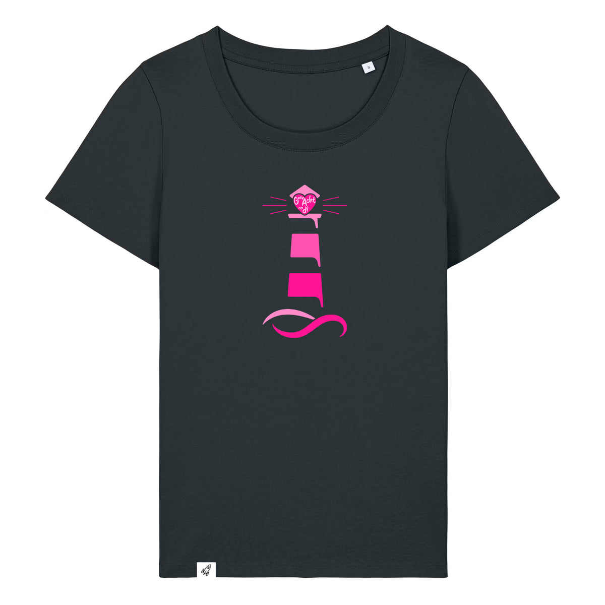 Schwarzes Damen T-Shirt aus der Pinktober Kollektion mit Leuchtturm Motiv.