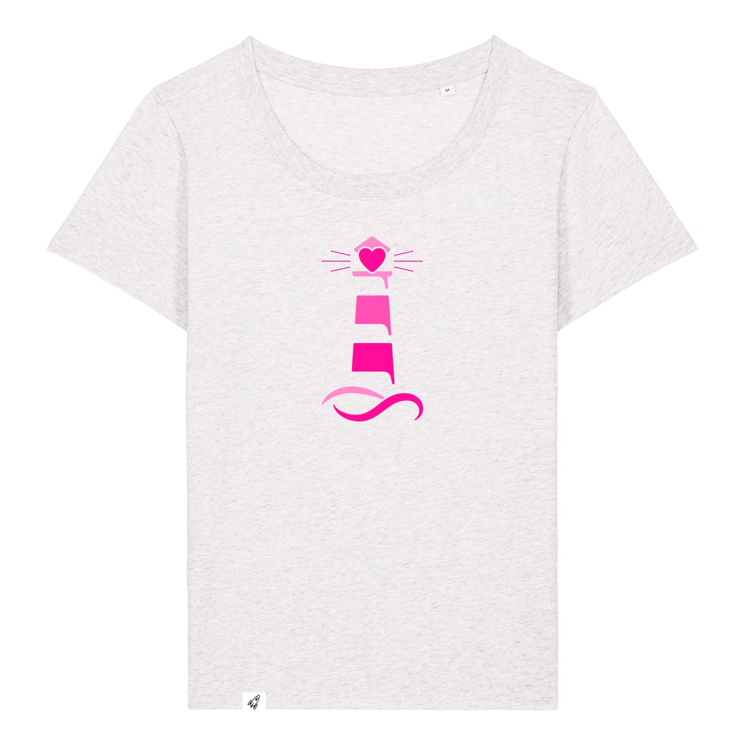 Hellgraues Damen T-Shirt aus der Pinktober Kollektion mit Leuchtturm Motiv.