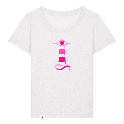 Hellgraues Damen T-Shirt aus der Pinktober Kollektion mit Leuchtturm Motiv.