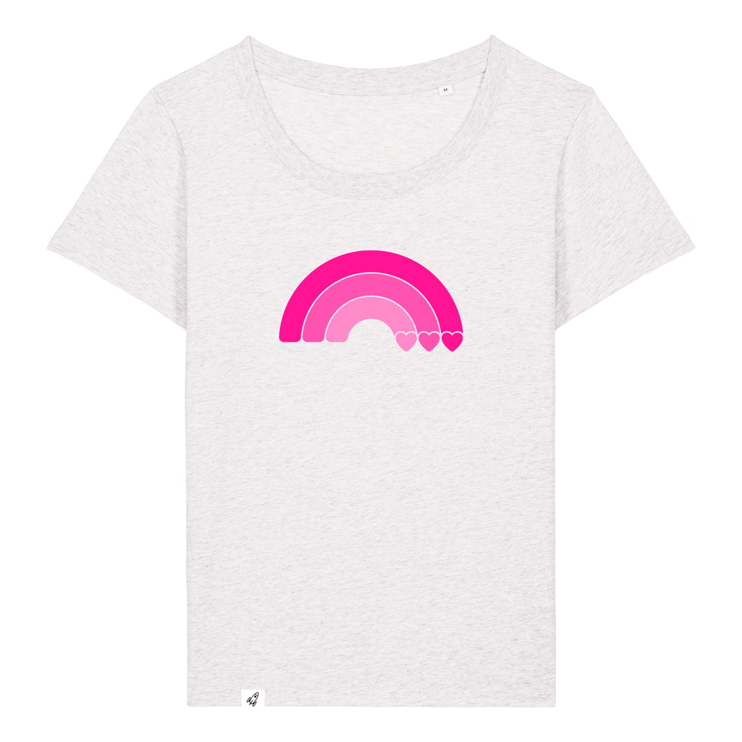 Hellgraues Damen T-Shirt aus der Pinktober Kollektion mit Regenbogen Motiv.