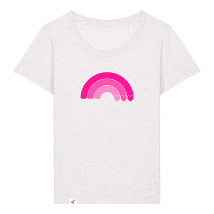 Hellgraues Damen T-Shirt aus der Pinktober Kollektion mit Regenbogen Motiv.