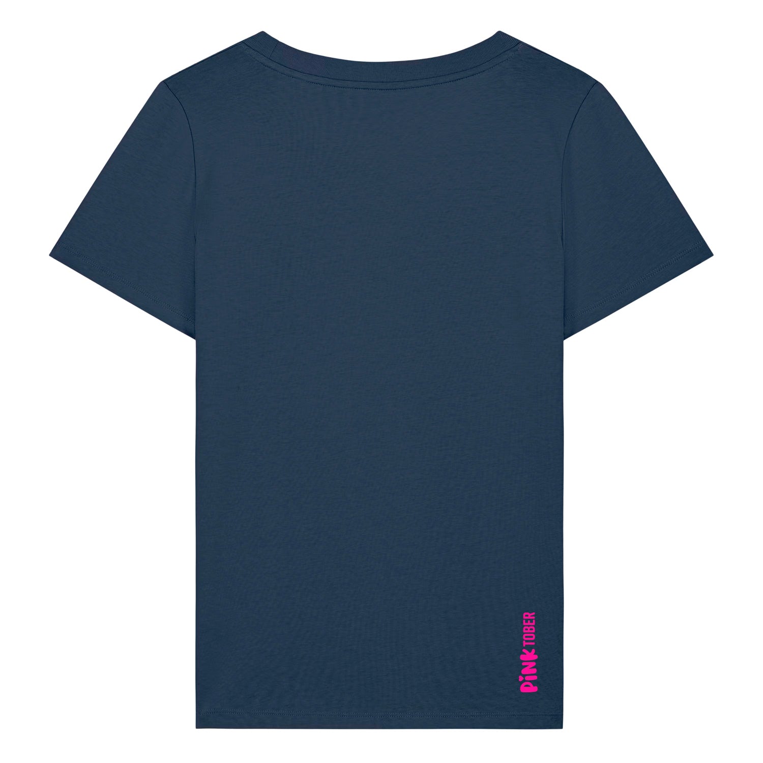Dunkelblaues Damen T-Shirt aus der Pinktober Kollektion mit Logo Motiv auf der Rückseite.