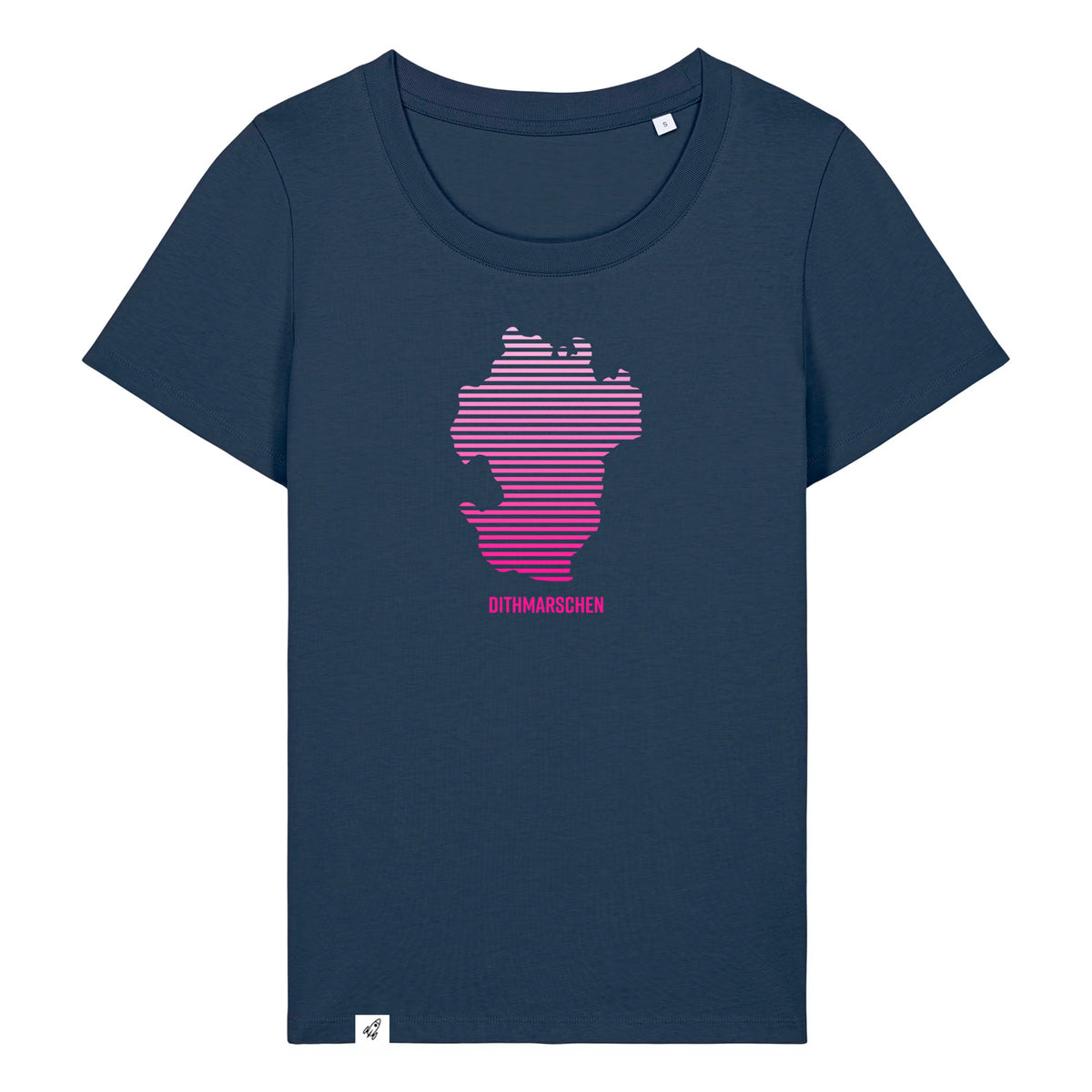 Dunkelblaues Damen T-Shirt mit Rundhals-Ausschnitt. Auf der Brust ist in pinken Streifen der Umriss von Dithmarschen. Unter dem Umriss steht Dithmarschen.