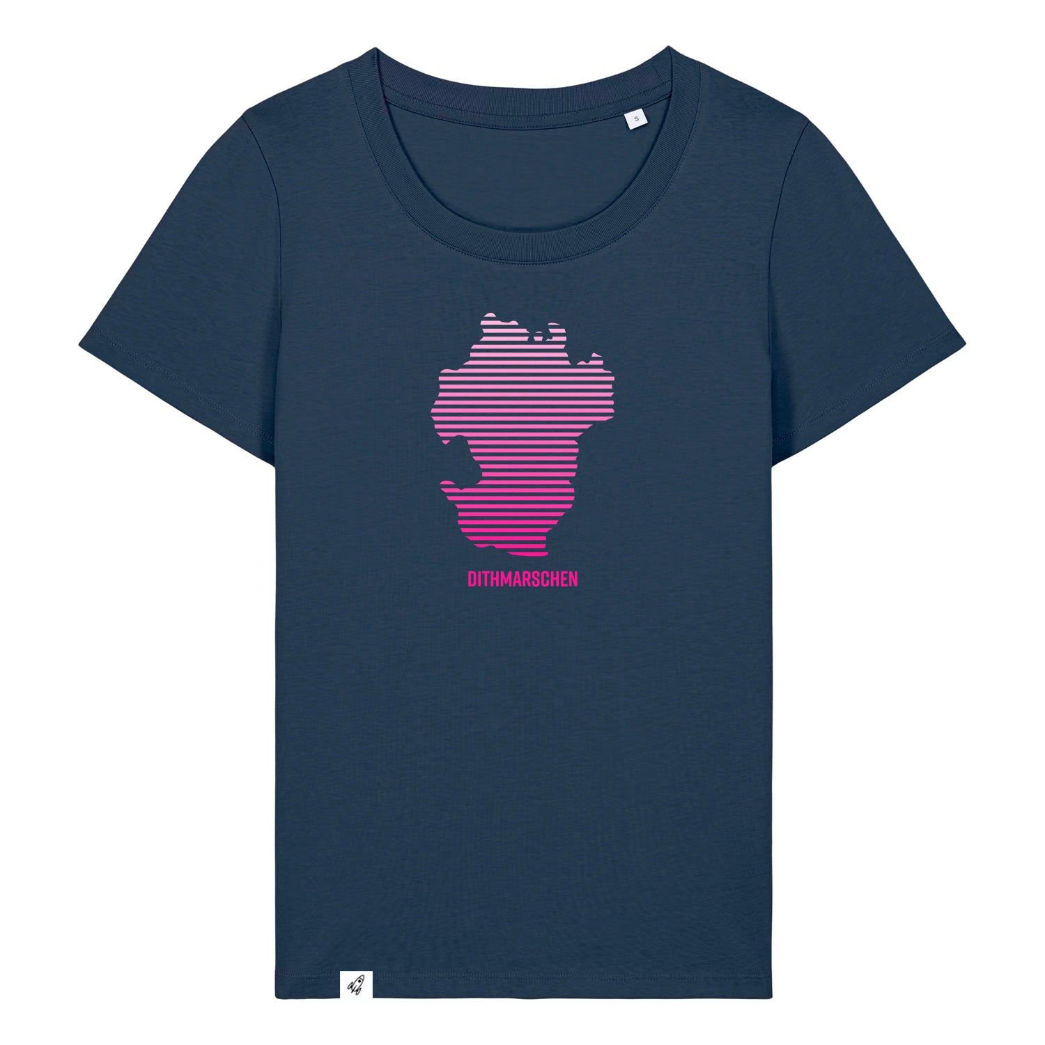 Dunkelblaues Damen T-Shirt mit Rundhals-Ausschnitt. Auf der Brust ist in pinken Streifen der Umriss von Dithmarschen. Unter dem Umriss steht Dithmarschen.