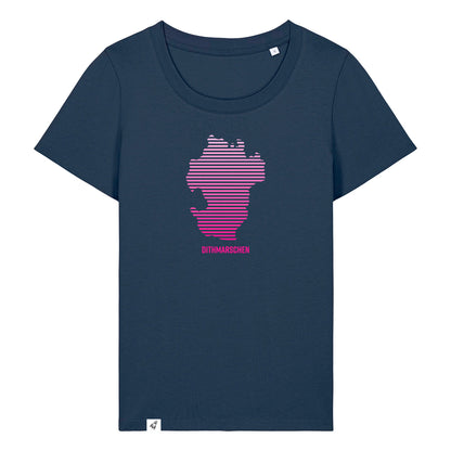 Dunkelblaues Damen T-Shirt mit Rundhals-Ausschnitt. Auf der Brust ist in pinken Streifen der Umriss von Dithmarschen. Unter dem Umriss steht Dithmarschen.