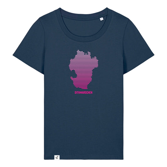 Dunkelblaues Damen T-Shirt mit Rundhals-Ausschnitt. Auf der Brust ist in pinken Streifen der Umriss von Dithmarschen. Unter dem Umriss steht Dithmarschen.
