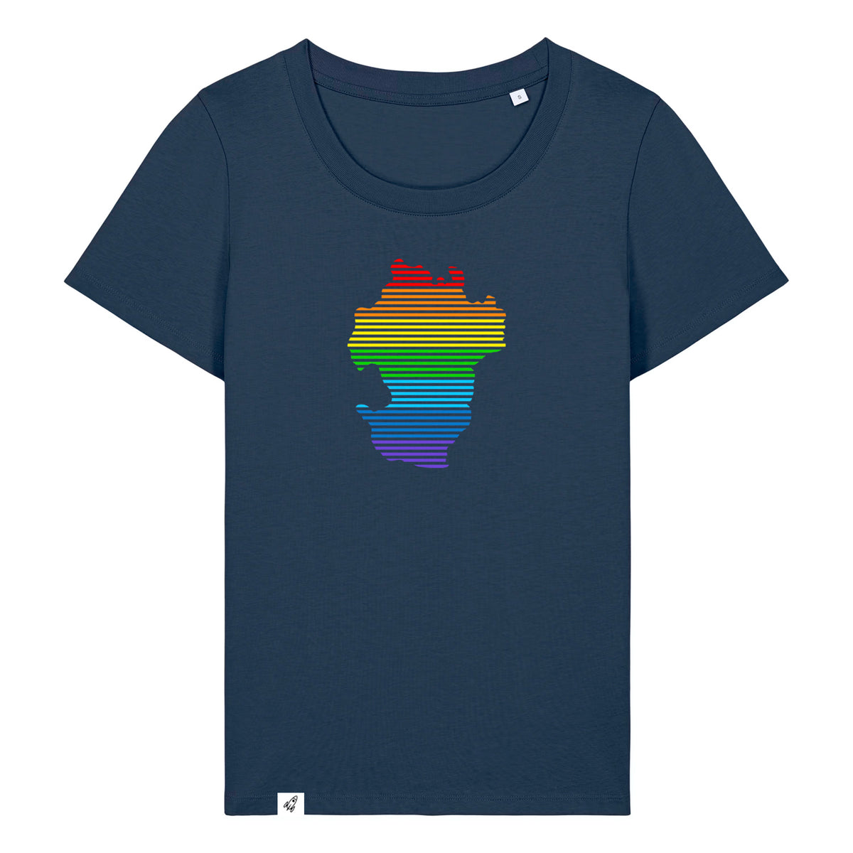 Dunkelblaues Damen T-Shirt mit dem Umriss von Dithmarschen auf der Brust mit Streifen  in den Regenbogenfarben.