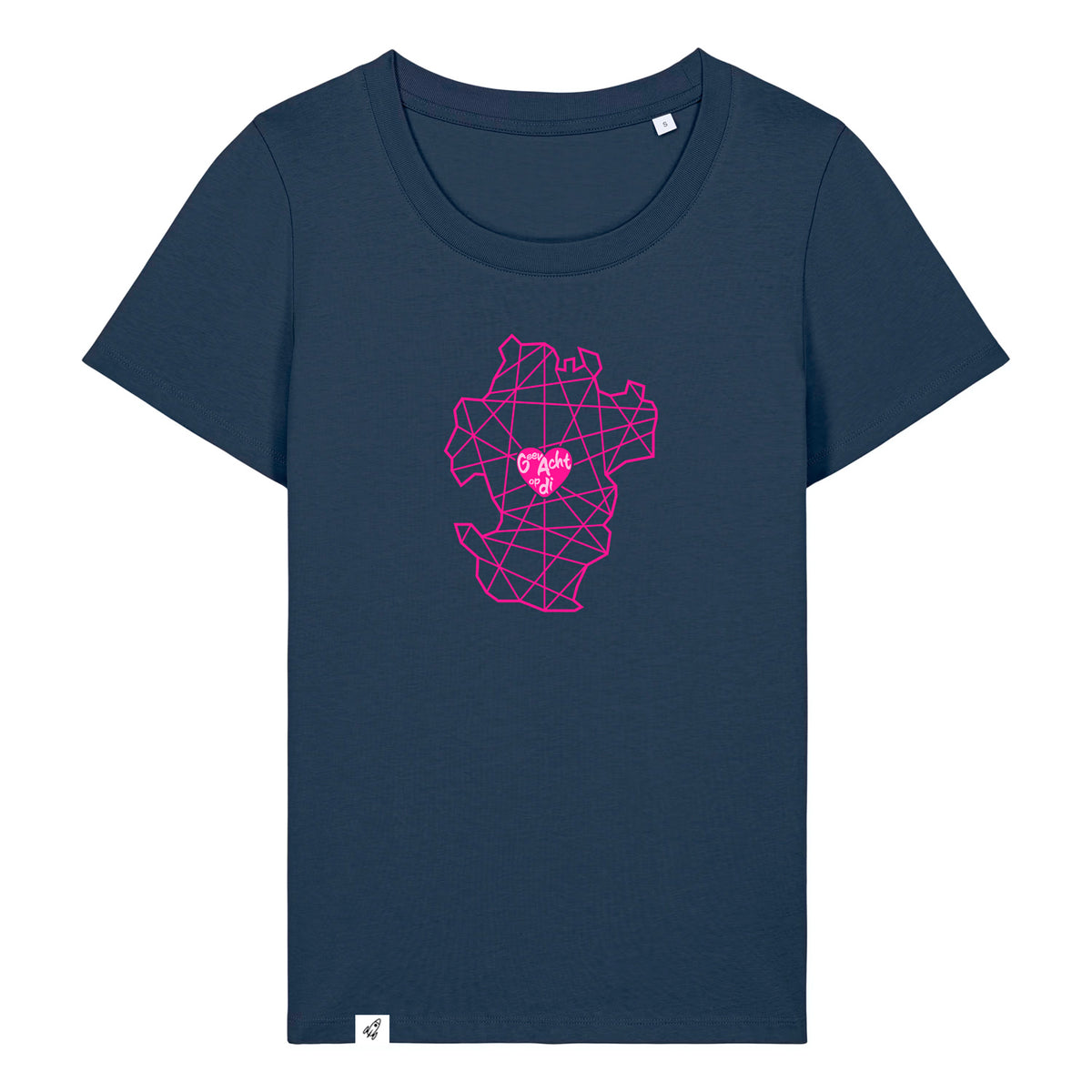 Dunkelblaues Damen T-Shirt aus der Geev Acht op di Kollektion mit Dithmarschen Motiv.