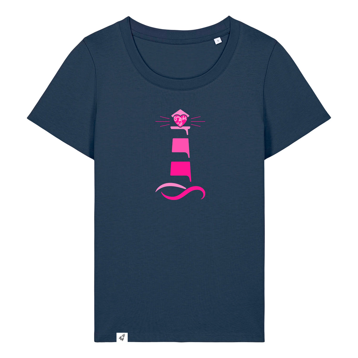 Dunkelblaues Damen T-Shirt aus der Geev Acht op di Kollektion mit Leuchtturm Motiv.