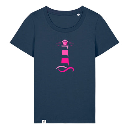 Dunkelblaues Damen T-Shirt aus der Geev Acht op di Kollektion mit Leuchtturm Motiv.
