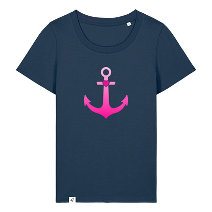 Dunkelblaues Damen T-Shirt aus der Pinktober Kollektion mit Anker Motiv.