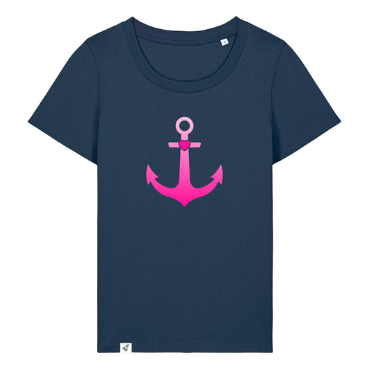 Dunkelblaues Damen T-Shirt aus der Pinktober Kollektion mit Anker Motiv.