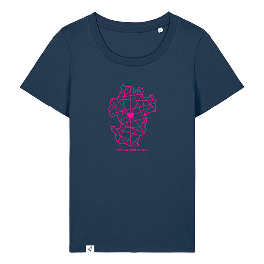 Dunkelblaues Damen T-Shirt aus der Pinktober Kollektion mit Dithmarschen Motiv.