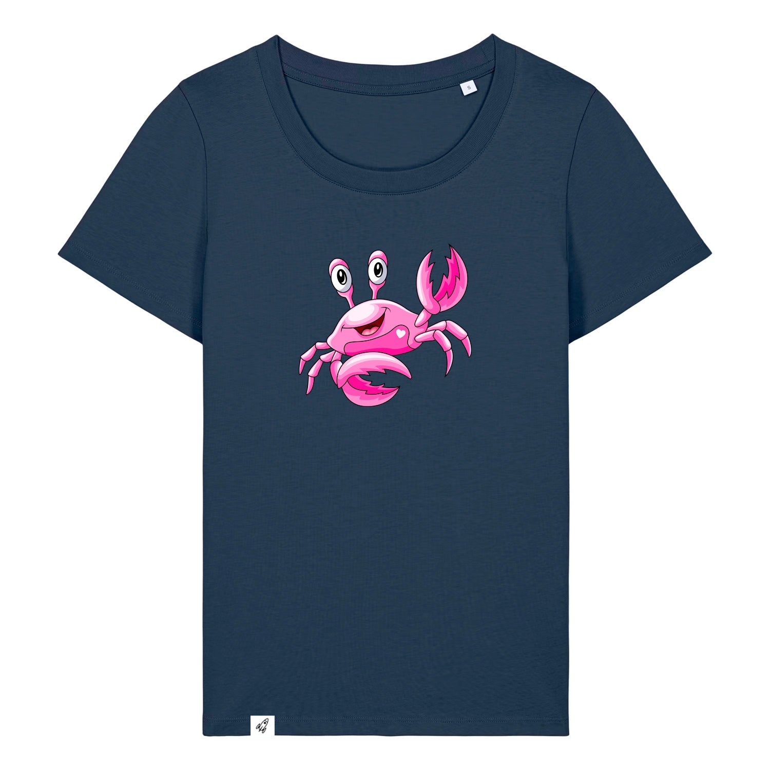Dunkelblaues Damen T-Shirt aus der Pinktober Kollektion mit Krebs Motiv.