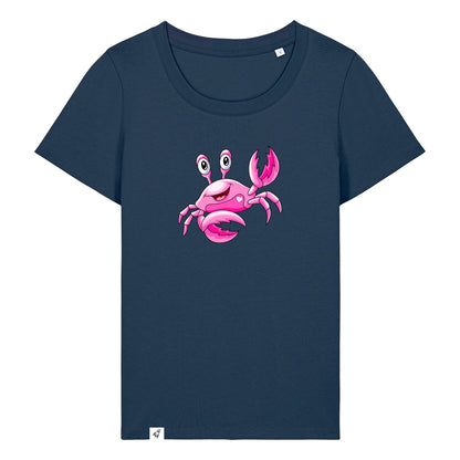 Dunkelblaues Damen T-Shirt aus der Pinktober Kollektion mit Krebs Motiv.