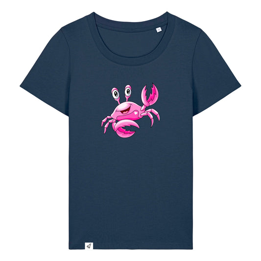 Dunkelblaues Damen T-Shirt aus der Pinktober Kollektion mit Krebs Motiv.