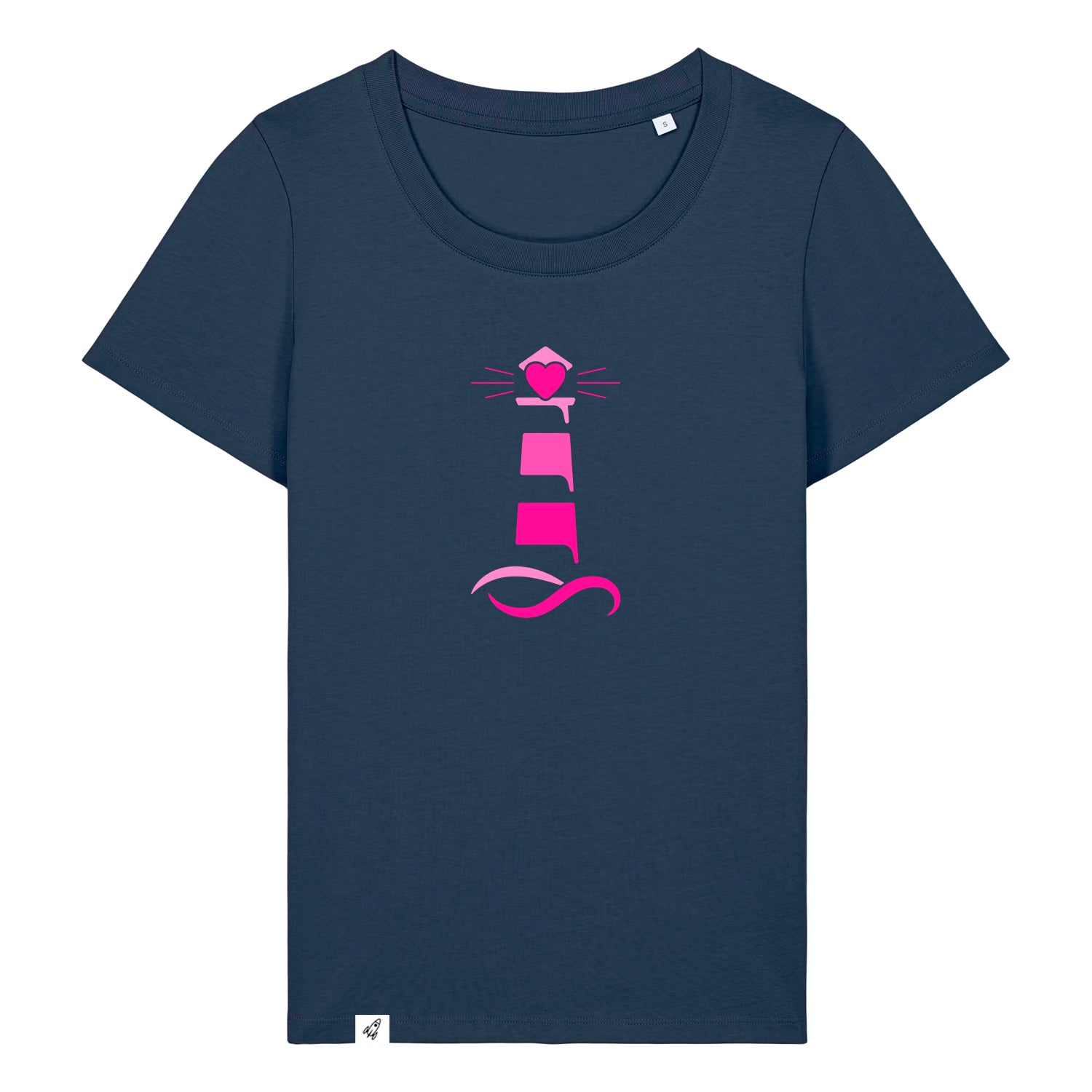Dunkelblaues Damen T-Shirt aus der Pinktober Kollektion mit Leuchtturm Motiv.