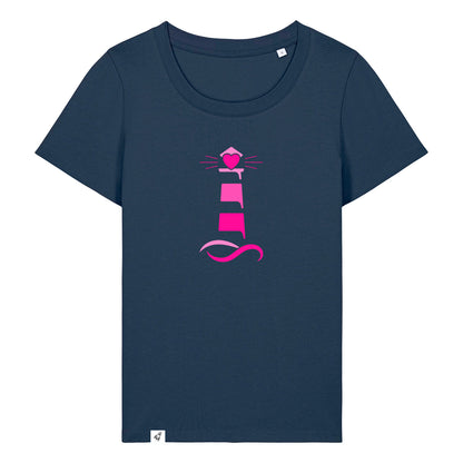 Dunkelblaues Damen T-Shirt aus der Pinktober Kollektion mit Leuchtturm Motiv.