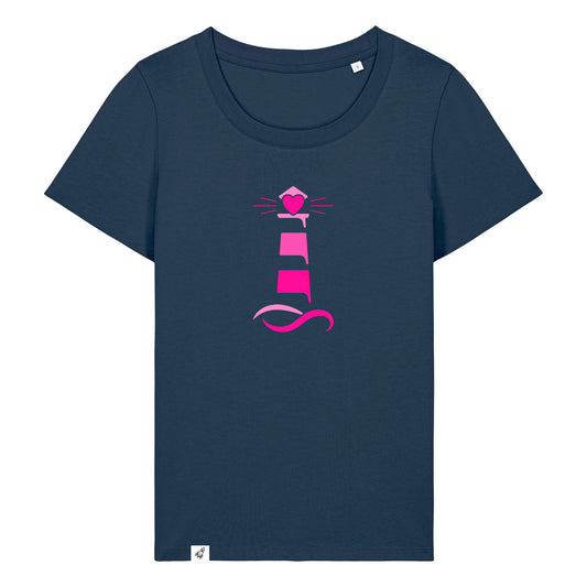 Dunkelblaues Damen T-Shirt aus der Pinktober Kollektion mit Leuchtturm Motiv.