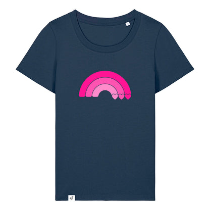 Dunkelblaues Damen T-Shirt aus der Pinktober Kollektion mit Regenbogen Motiv.