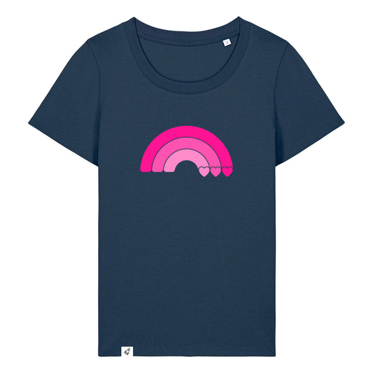 Dunkelblaues Damen T-Shirt aus der Pinktober Kollektion mit Regenbogen Motiv.