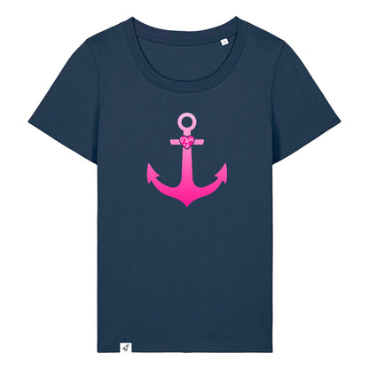 Dunkelblaues Damen T-Shirt aus der Pinktober Kollektion mit Anker Motiv.