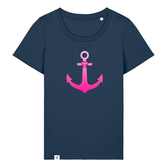 Dunkelblaues Damen T-Shirt aus der Pinktober Kollektion mit Anker Motiv.