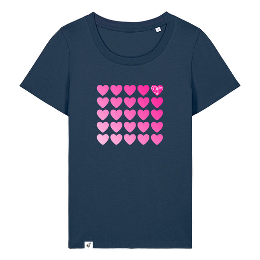 Dunkelblaues Damen T-Shirt aus der Pinktober Kollektion mit Herz Motiv.