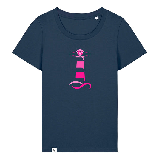 Dunkelblaues Damen T-Shirt aus der Pinktober Kollektion mit Leuchtturm Motiv.