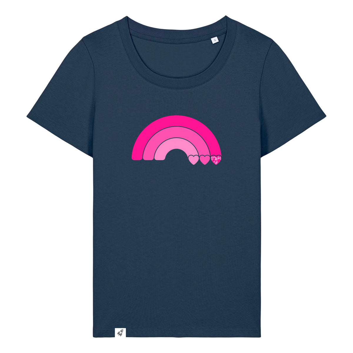 Dunkelblaues Damen T-Shirt aus der Pinktober Kollektion mit Regenbogen Motiv.