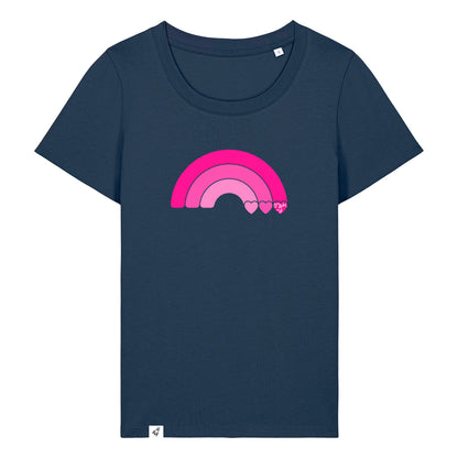 Dunkelblaues Damen T-Shirt aus der Pinktober Kollektion mit Regenbogen Motiv.