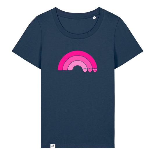 Dunkelblaues Damen T-Shirt aus der Pinktober Kollektion mit Regenbogen Motiv.