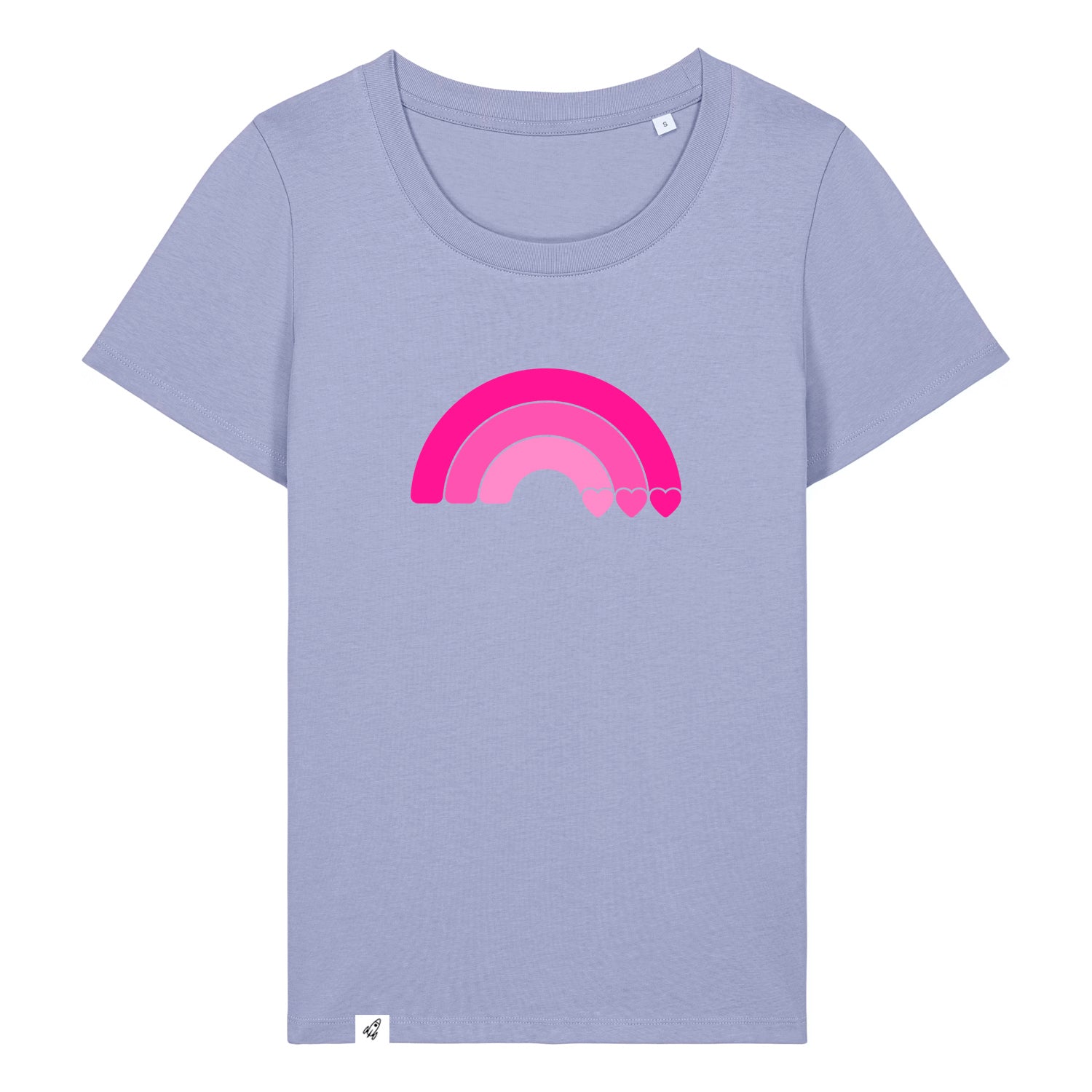 Violettes Damen T-Shirt aus der Pinktober Kollektion mit Regenbogen Motiv.