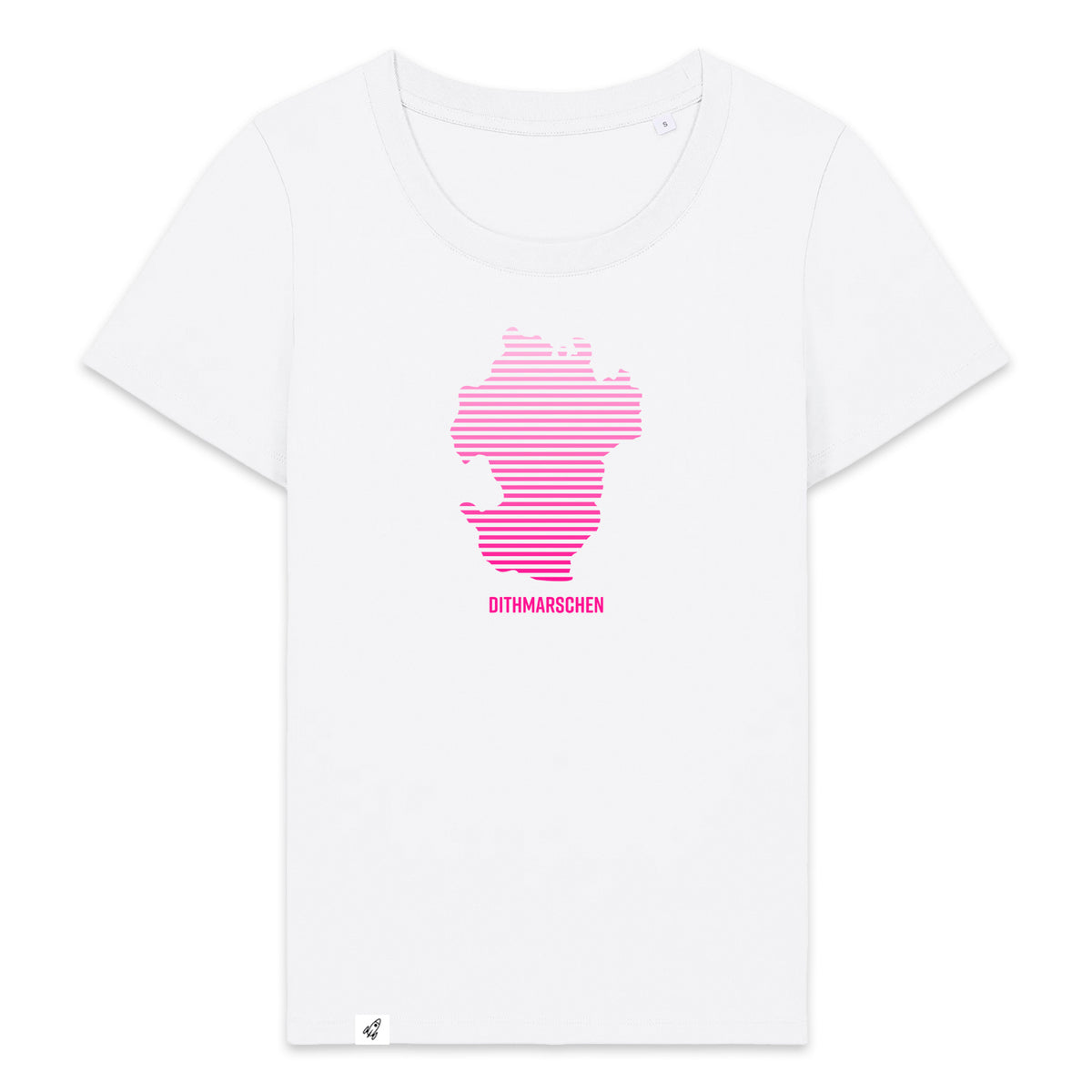 Weißes Damen T-Shirt mit Rundhals-Ausschnitt. Auf der Brust ist in pinken Streifen der Umriss von Dithmarschen. Unter dem Umriss steht Dithmarschen.