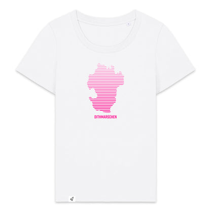 Weißes Damen T-Shirt mit Rundhals-Ausschnitt. Auf der Brust ist in pinken Streifen der Umriss von Dithmarschen. Unter dem Umriss steht Dithmarschen.