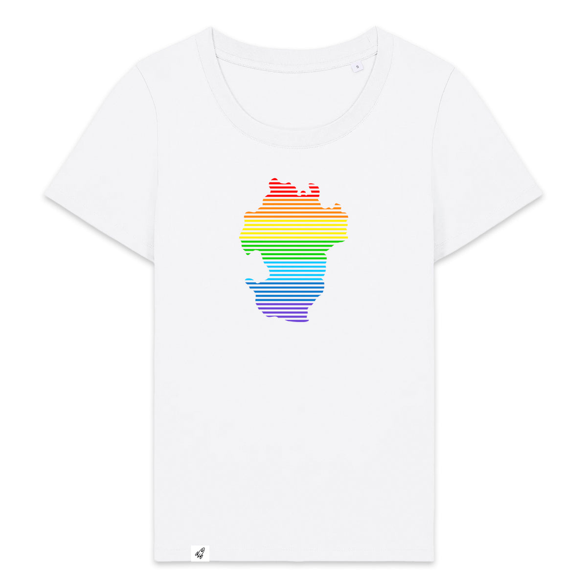 Weißes Damen T-Shirt mit dem Umriss von Dithmarschen auf der Brust mit Streifen  in den Regenbogenfarben.