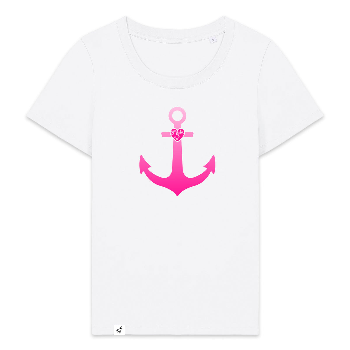 Weißes Damen T-Shirt mit Rundhals aus der Geev Acht op di Kollektion mit Anker Motiv.